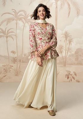 White Embroidered Silk Palazzo Set With Dupatta