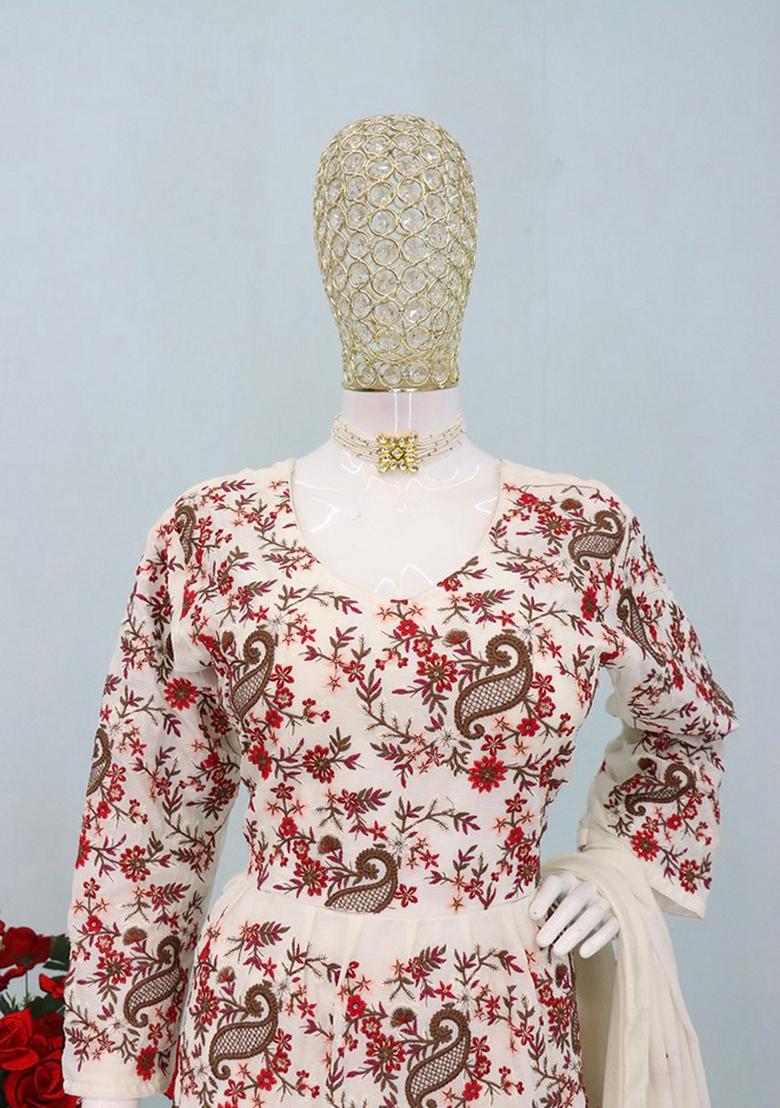 White Embroidered Silk Palazzo Set With Dupatta - Indya