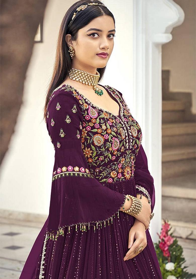 Wine Embroidered Georgette Salwar Kameez With Dupatta - Indya