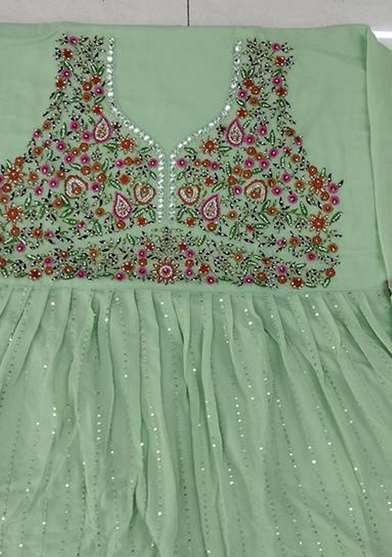 Green Embroidered Georgette Salwar Kameez With Dupatta - Indya