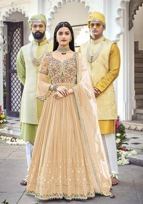 Beige Embroidered Georgette Salwar Kameez With Dupatta