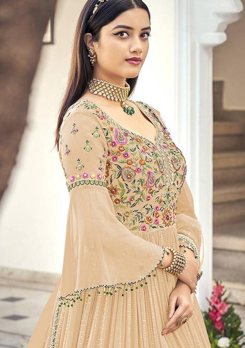 Beige Embroidered Georgette Salwar Kameez With Dupatta - Indya