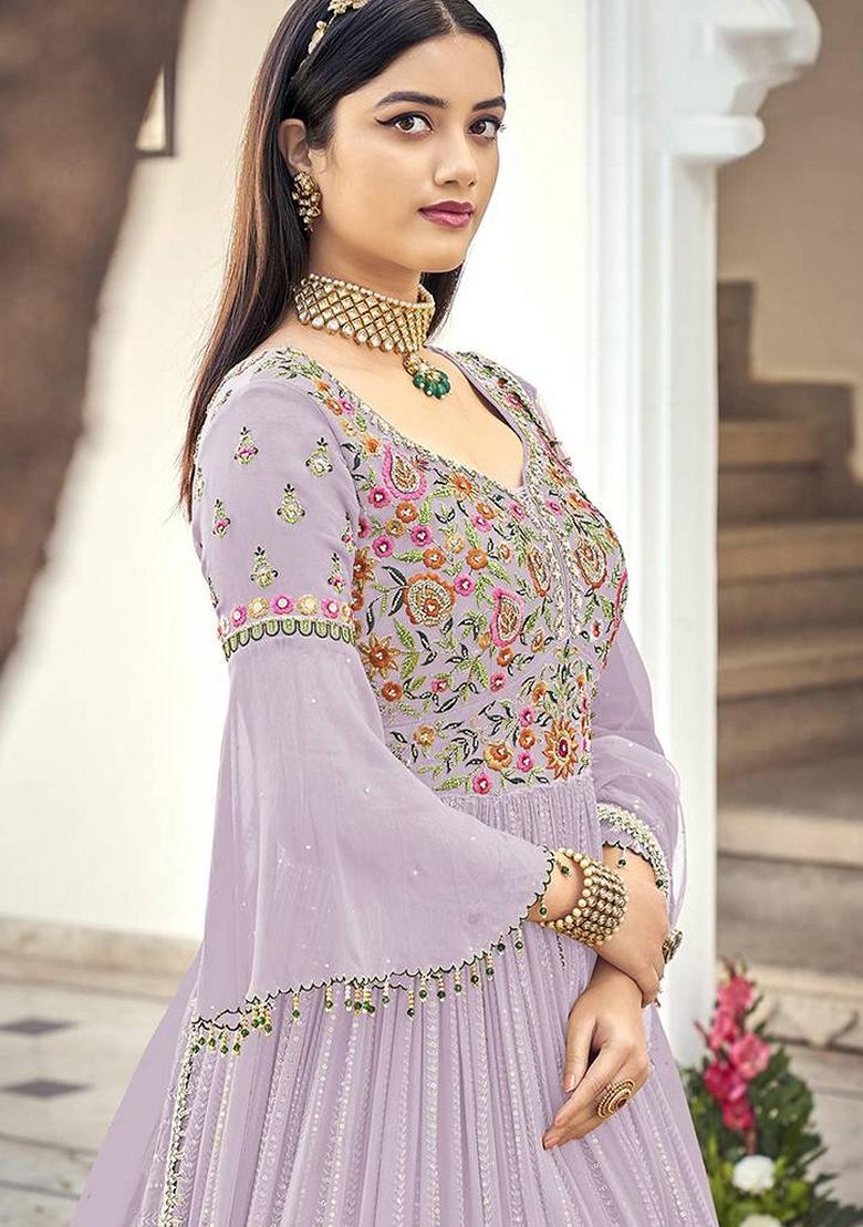 Purple Embroidered Georgette Salwar Kameez With Dupatta - Indya