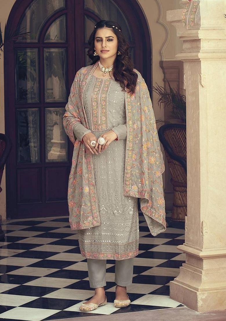 Beige Embroidered Georgette Salwar Kameez With Dupatta - Indya