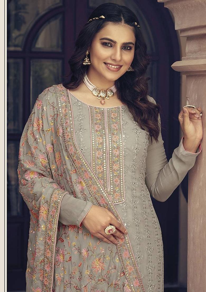 Beige Embroidered Georgette Salwar Kameez With Dupatta - Indya