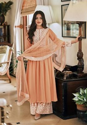 Peach Embroidered Georgette Salwar Kameez With Dupatta