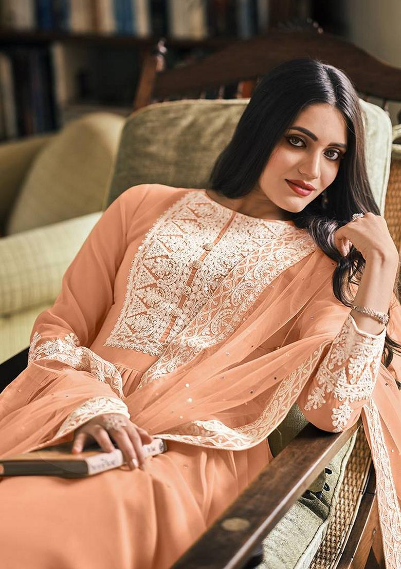 Peach Embroidered Georgette Salwar Kameez With Dupatta - Indya