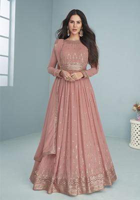 Peach Embroidered Georgette Anarkali Set With Dupatta