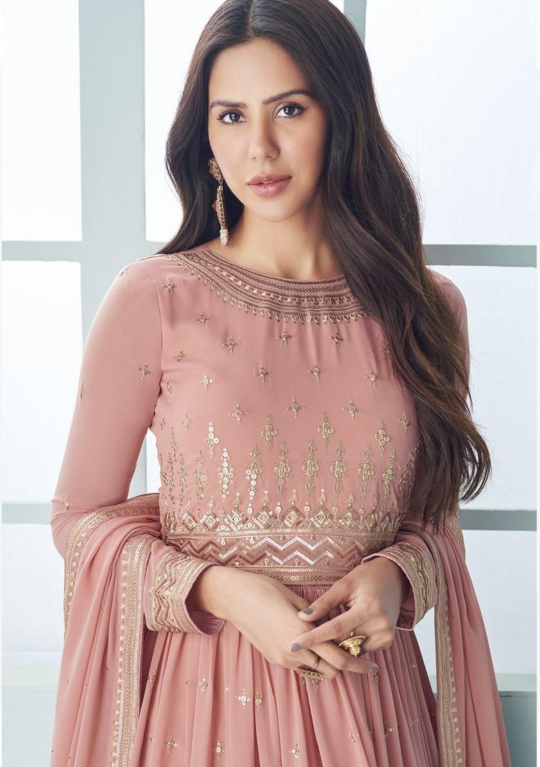 Peach Embroidered Georgette Anarkali Set With Dupatta - Indya