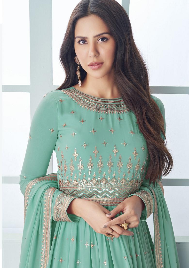 Blue Embroidered Georgette Anarkali Set With Dupatta - Indya