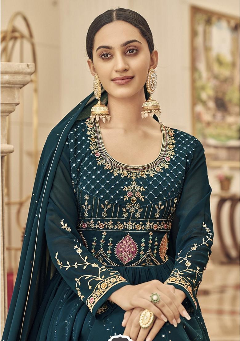Blue Embroidered Georgette Salwar Kameez With Dupatta - Indya