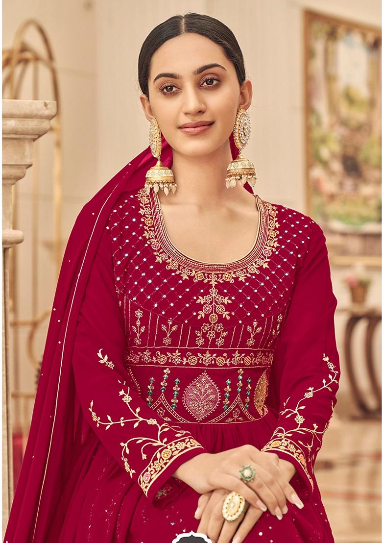 Pink Embroidered Georgette Salwar Kameez With Dupatta - Indya