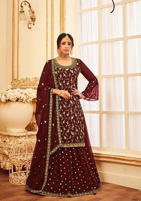 Wine Embroidered Georgette Salwar Kameez With Dupatta