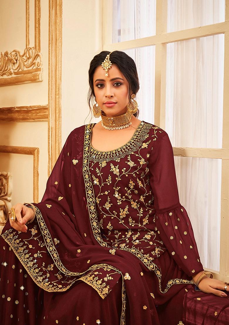 Wine Embroidered Georgette Salwar Kameez With Dupatta - Indya