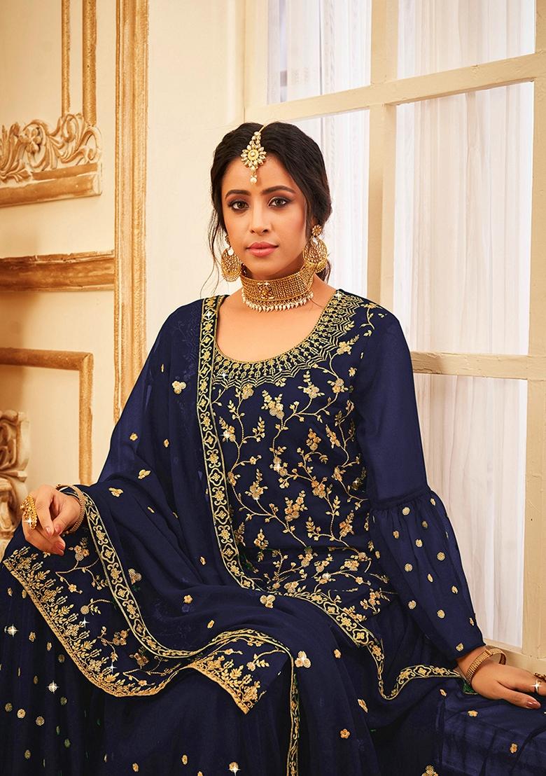 Blue Embroidered Georgette Salwar Kameez With Dupatta - Indya