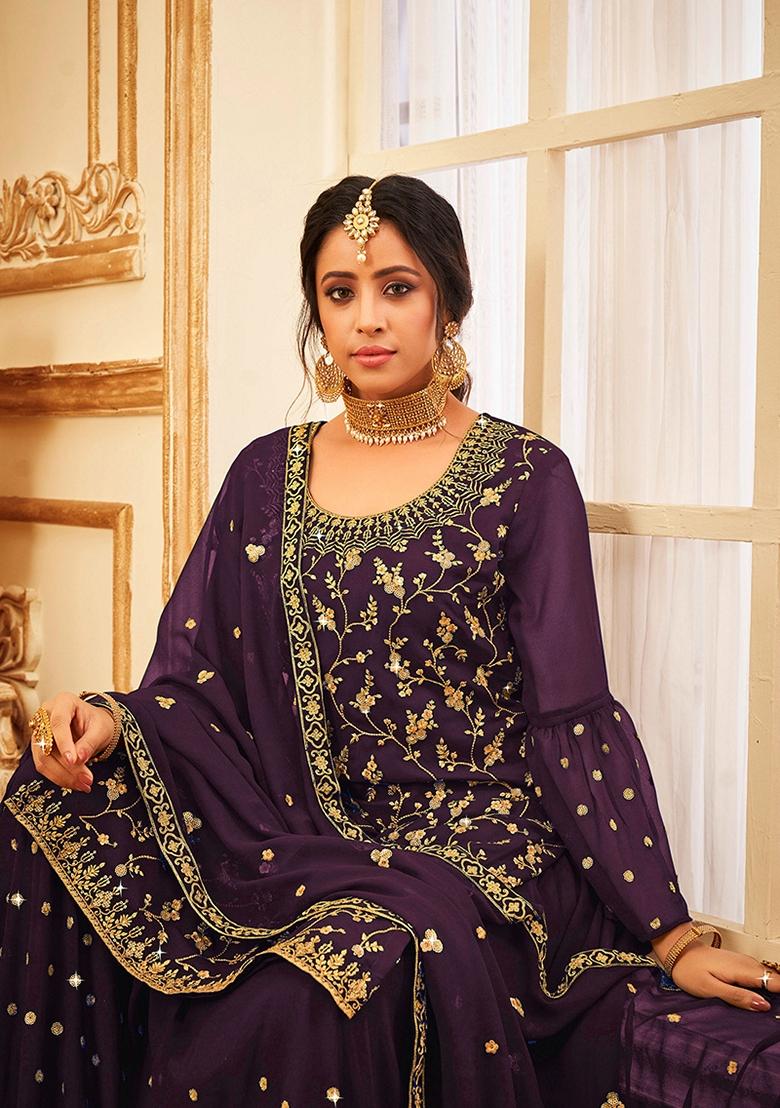 Purple Embroidered Georgette Salwar Kameez With Dupatta - Indya