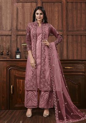 Purple Embroidered Net Salwar Kameez With Dupatta