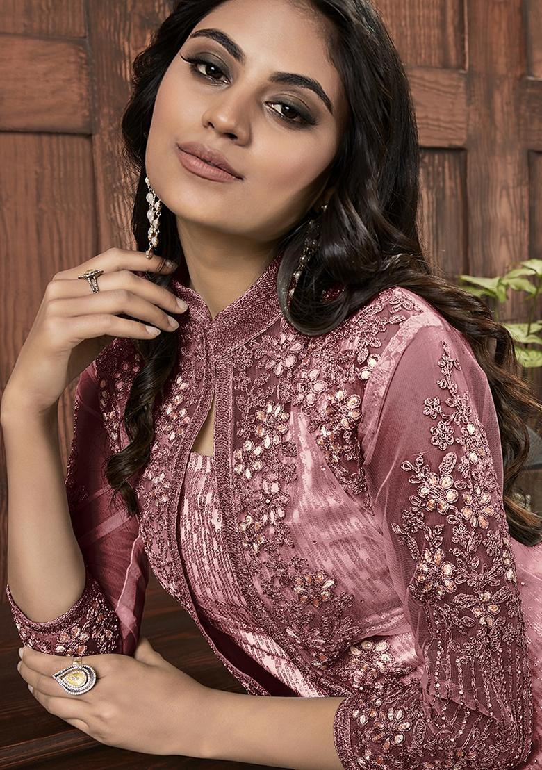 Purple Embroidered Net Salwar Kameez With Dupatta - Indya
