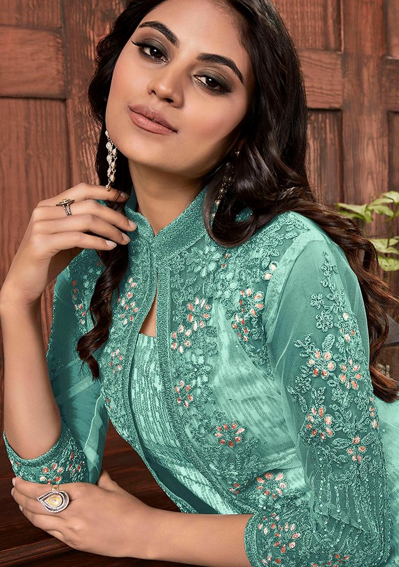 Blue Embroidered Net Salwar Kameez With Dupatta - Indya