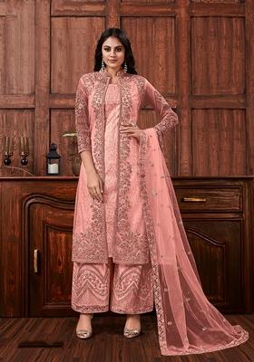 Peach Embroidered Net Salwar Kameez With Dupatta
