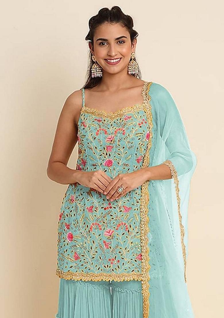 Blue Embroidered Georgette Sharara Set With Dupatta - Indya