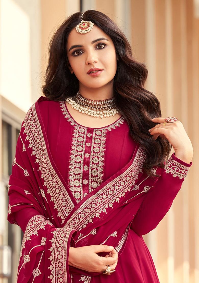 Pink Embroidered Georgette Anarkali Set With Dupatta - Indya