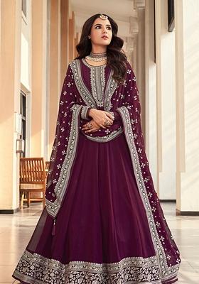 Purple Embroidered Georgette Anarkali Set With Dupatta