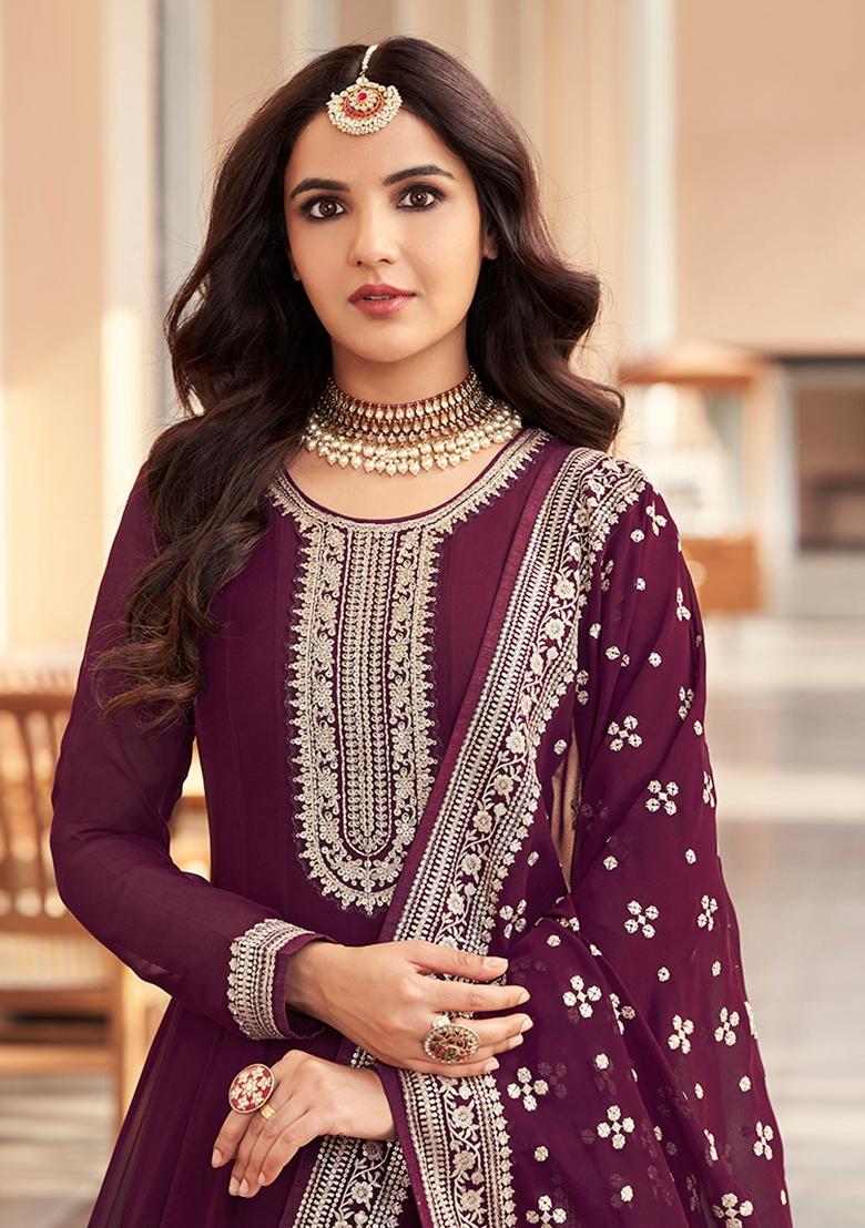 Purple Embroidered Georgette Anarkali Set With Dupatta - Indya