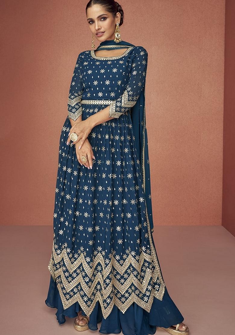 Blue Embroidered Georgette Salwar Kameez With Dupatta - Indya
