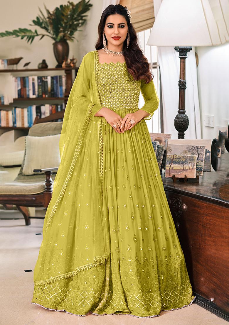 Olive Embroidered Georgette Salwar Kameez With Dupatta - Indya