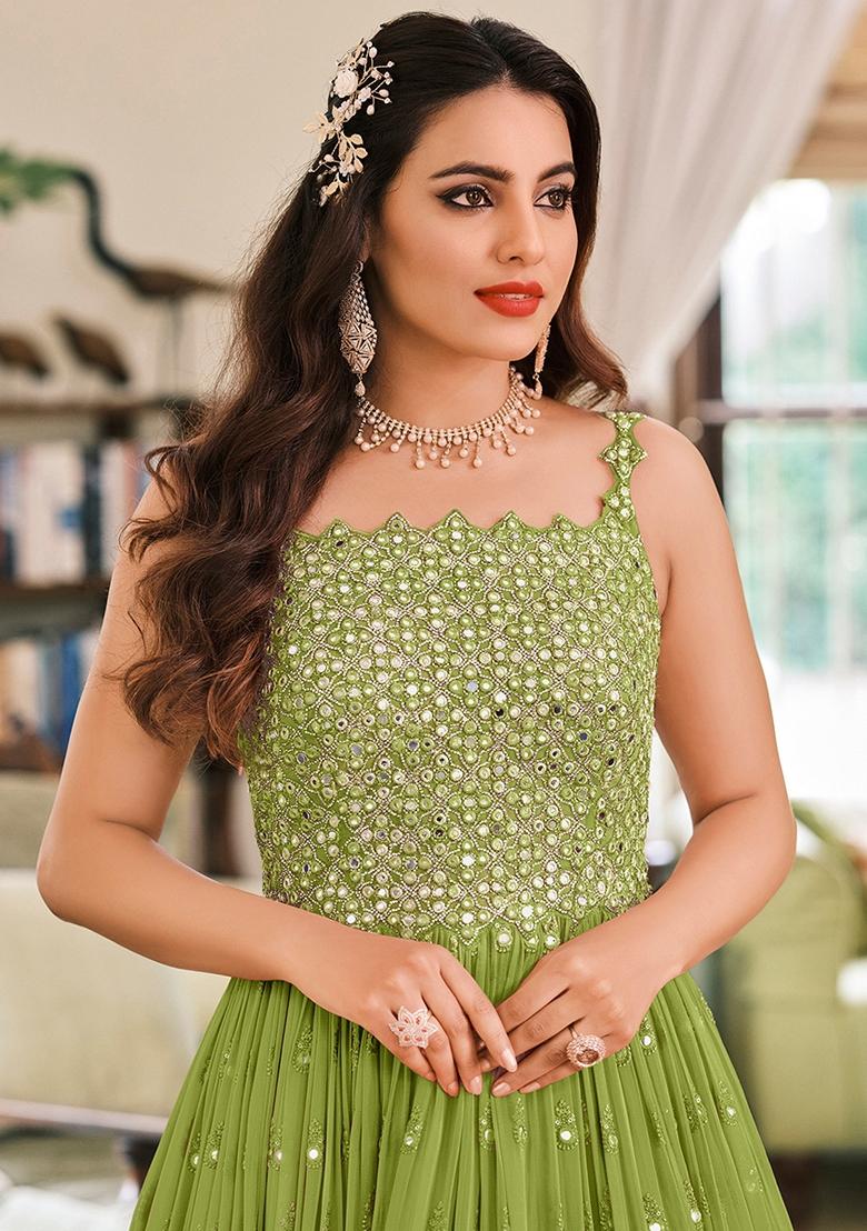 Green Embroidered Georgette Salwar Kameez With Dupatta - Indya