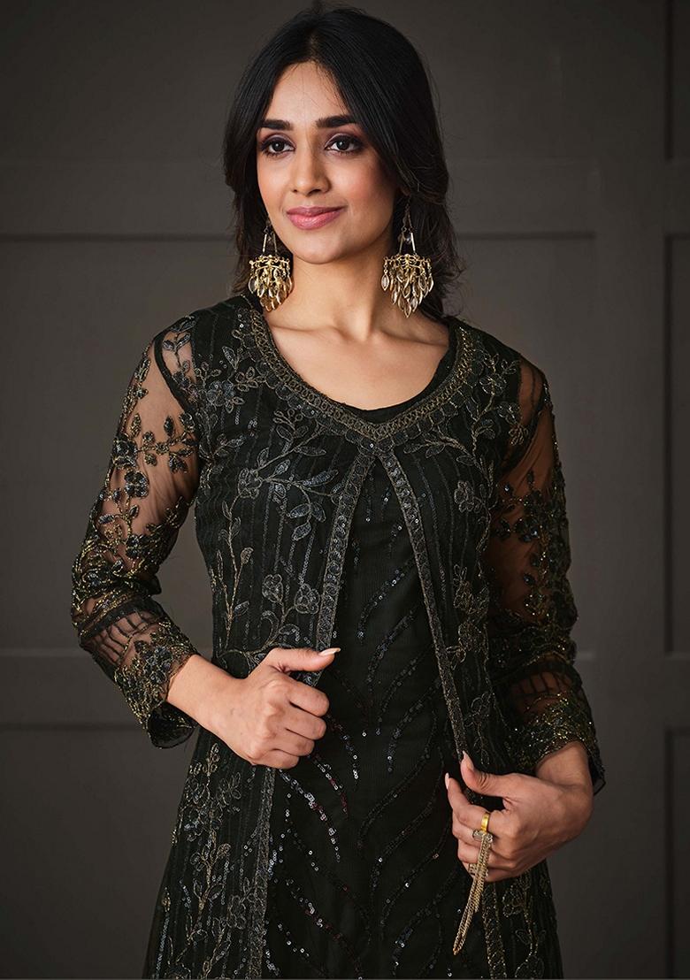 Black Embroidered Net Salwar Kameez With Dupatta - Indya