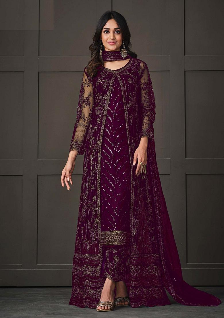 Wine Embroidered Net Salwar Kameez With Dupatta - Indya
