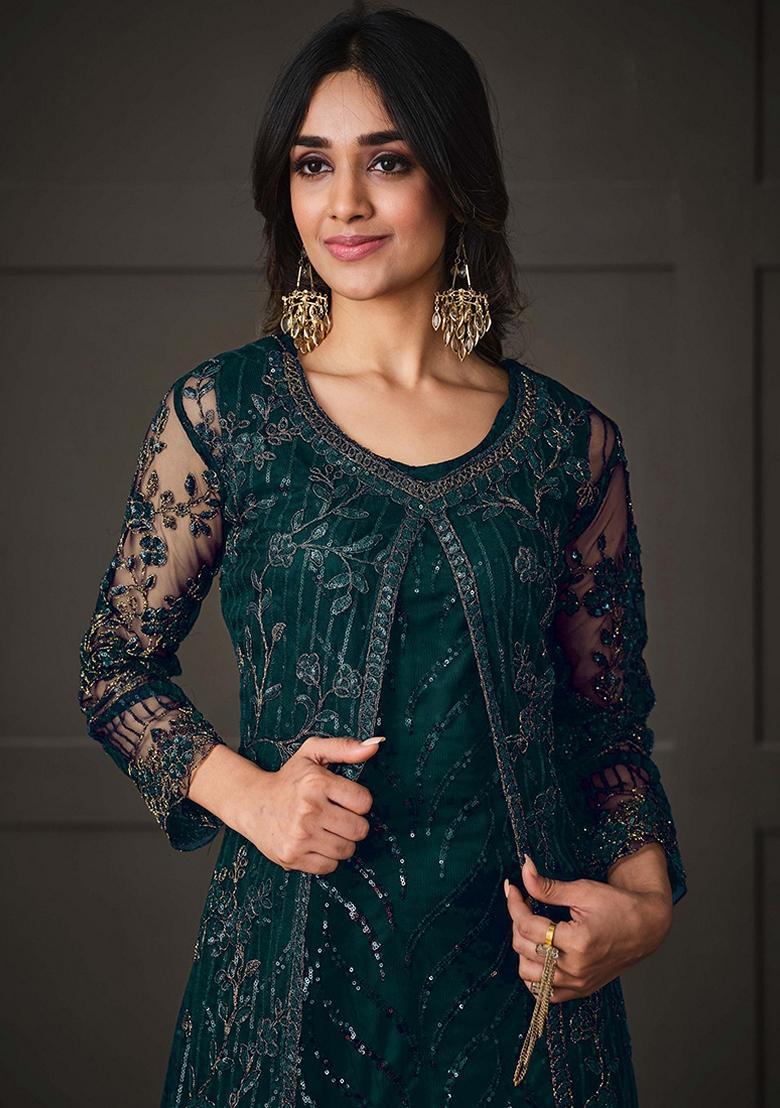 Green Embroidered Net Salwar Kameez With Dupatta - Indya