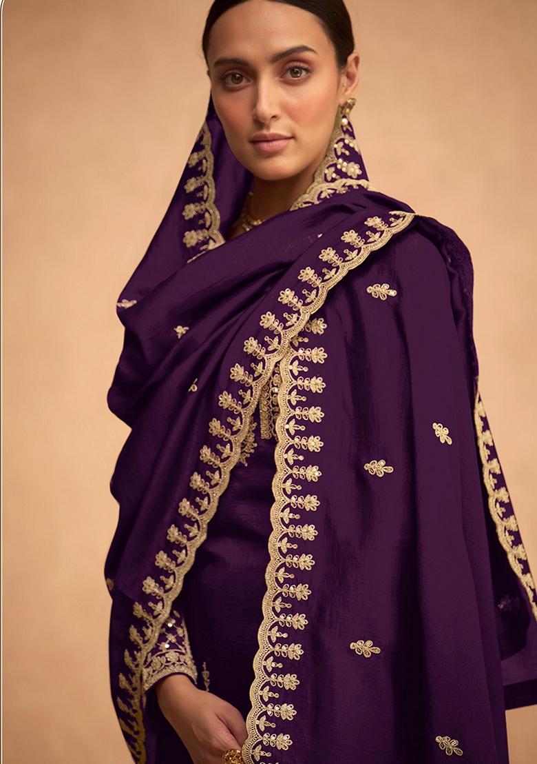 Purple Embroidered Georgette Salwar Kameez With Dupatta - Indya