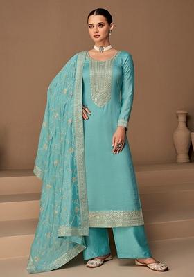 Blue Embroidered Silk Salwar Kameez With Dupatta