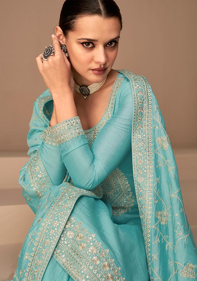 Blue Embroidered Silk Salwar Kameez With Dupatta - Indya