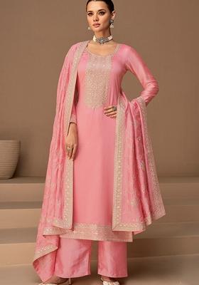 Pink Embroidered Silk Salwar Kameez With Dupatta
