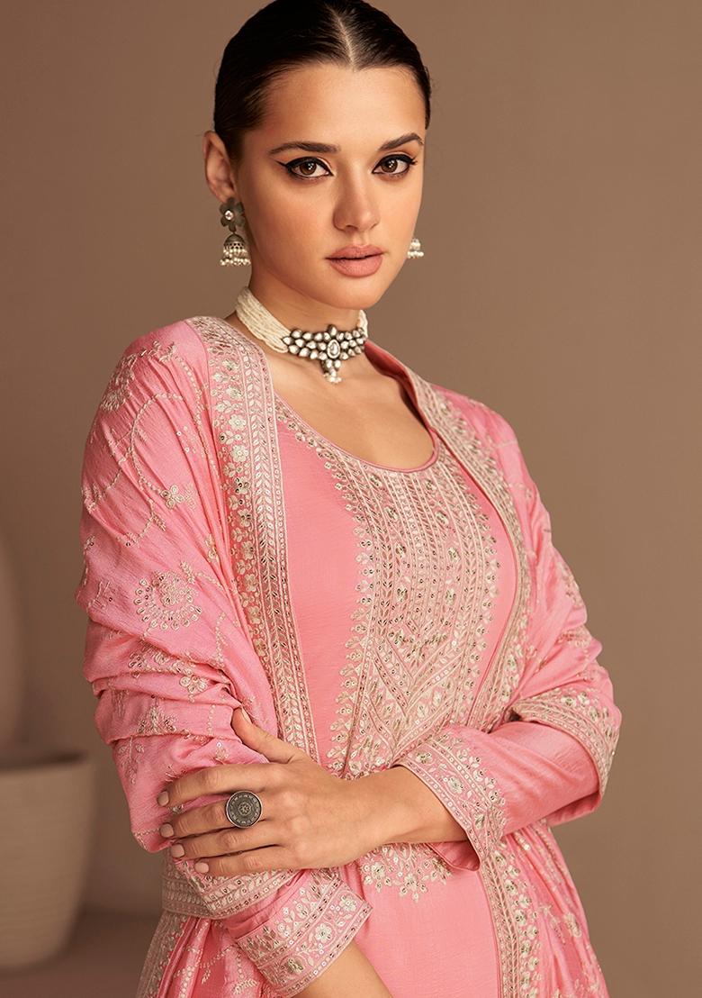 Pink Embroidered Silk Salwar Kameez With Dupatta - Indya
