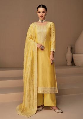 Yellow Embroidered Silk Salwar Kameez With Dupatta