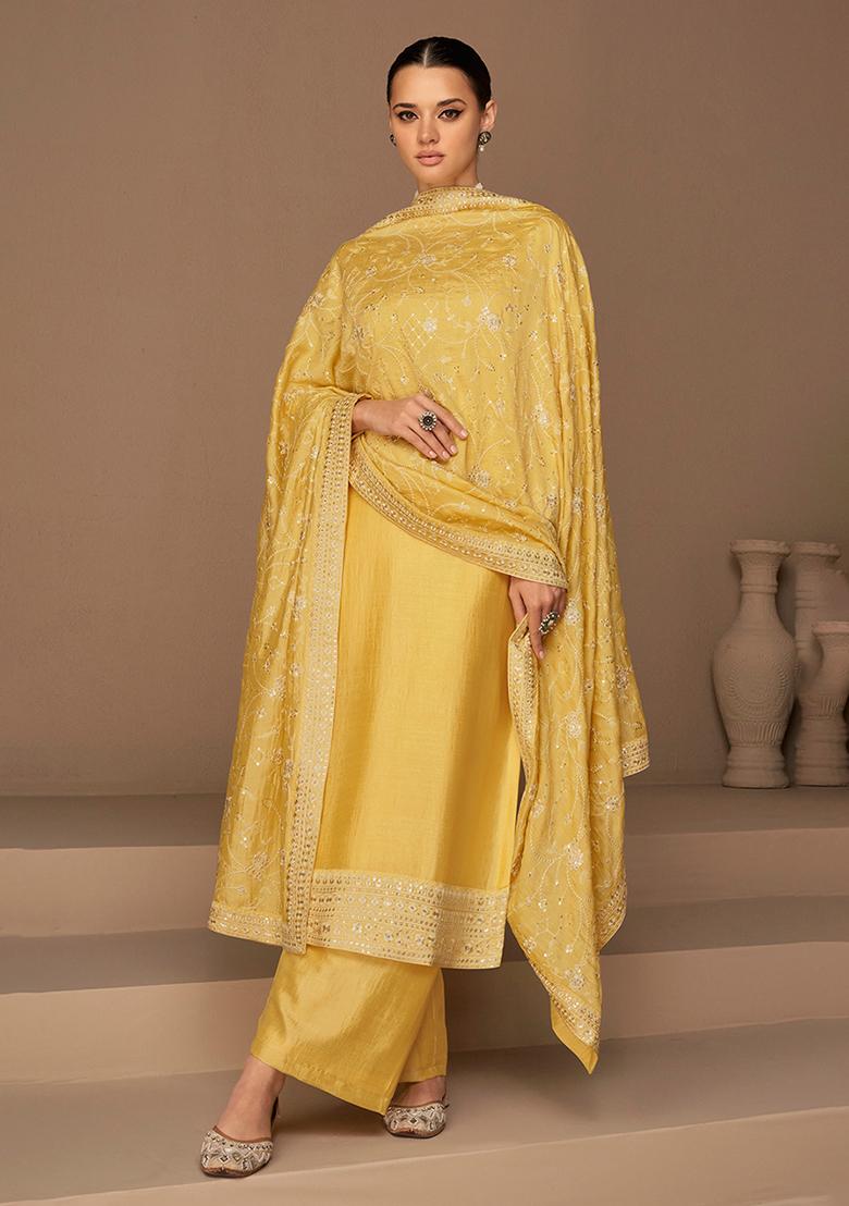 Yellow Embroidered Silk Salwar Kameez With Dupatta - Indya