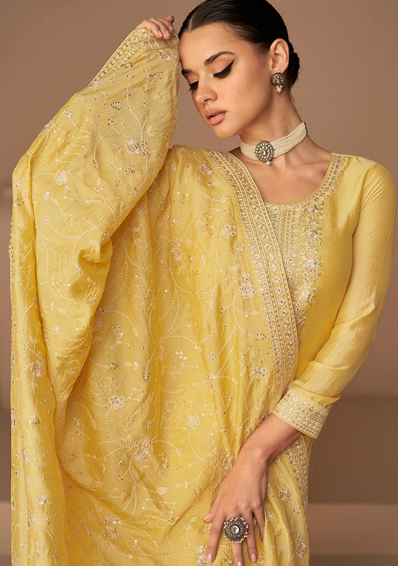 Yellow Embroidered Silk Salwar Kameez With Dupatta - Indya