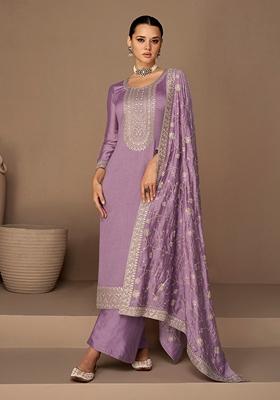 Purple Embroidered Silk Salwar Kameez With Dupatta