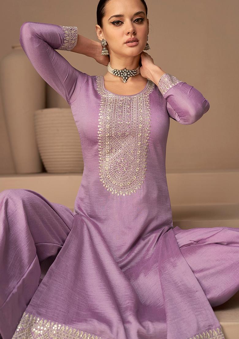 Purple Embroidered Silk Salwar Kameez With Dupatta - Indya