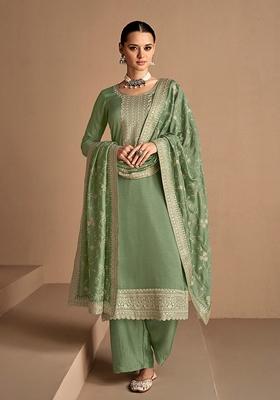 Olive Embroidered Silk Salwar Kameez With Dupatta