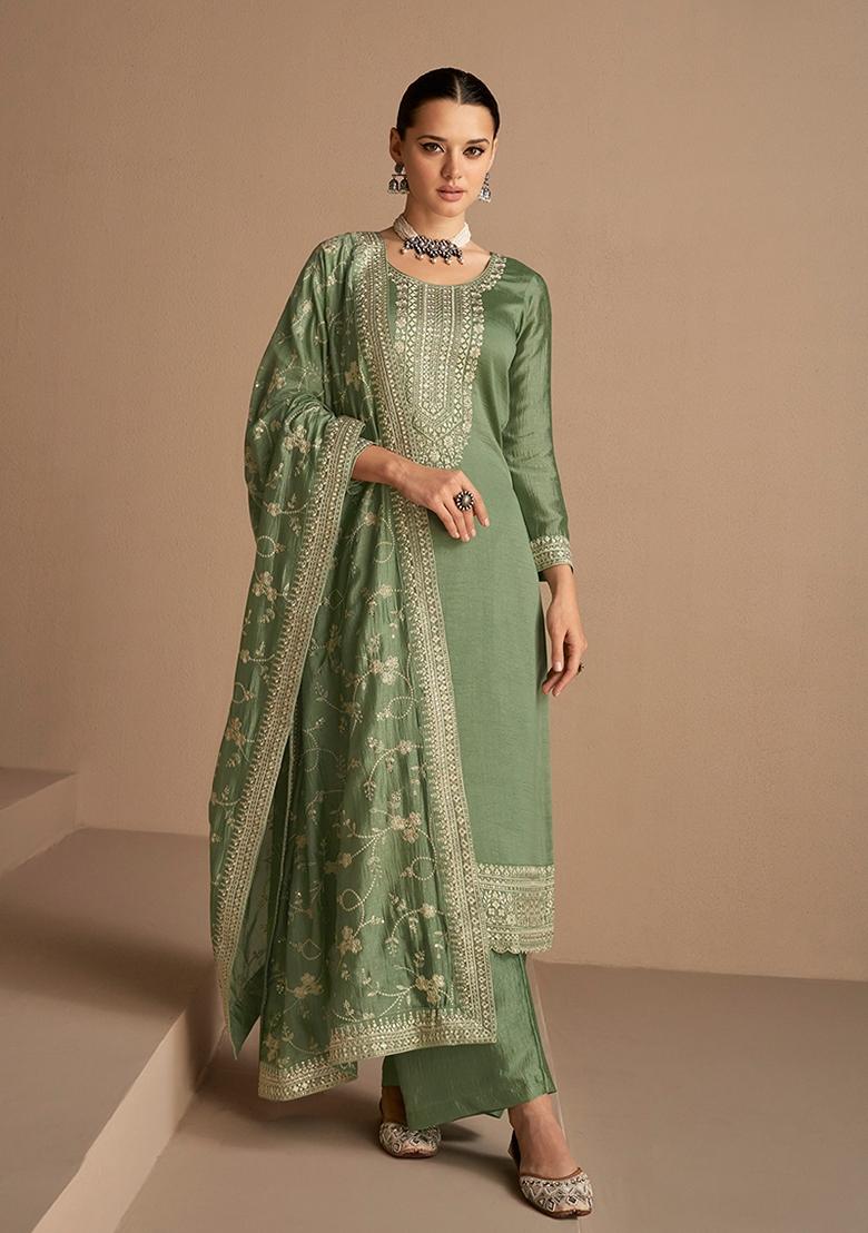 Olive Embroidered Silk Salwar Kameez With Dupatta - Indya