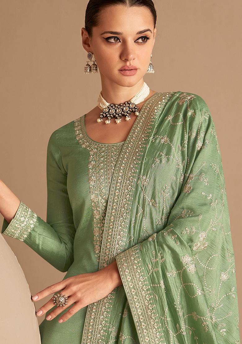 Olive Embroidered Silk Salwar Kameez With Dupatta - Indya