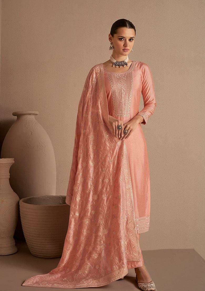 Peach Embroidered Silk Salwar Kameez With Dupatta - Indya