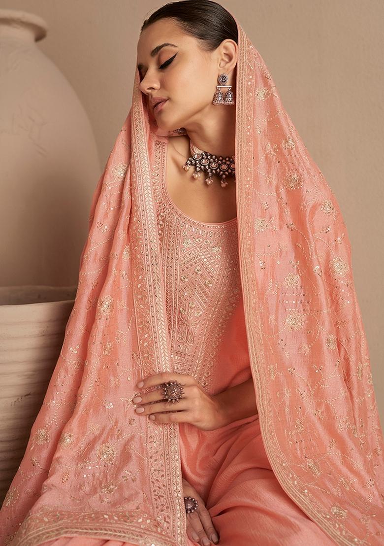 Peach Embroidered Silk Salwar Kameez With Dupatta - Indya