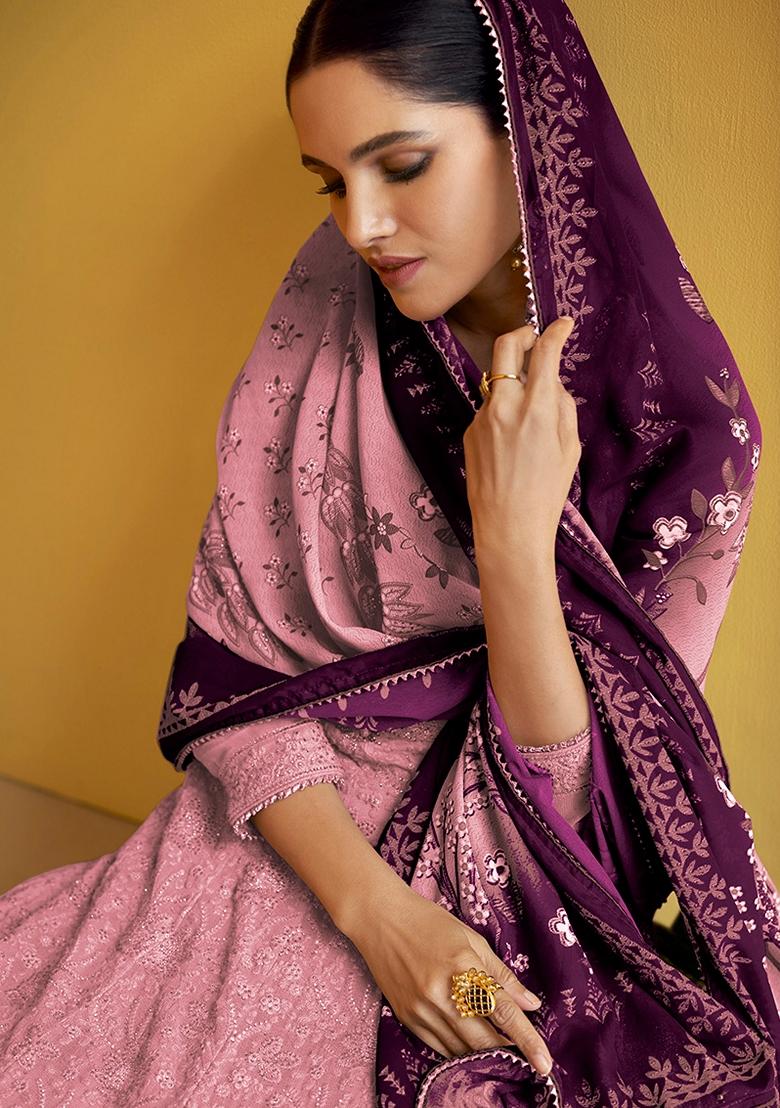 Pink Embroidered Georgette Salwar Kameez With Dupatta - Indya